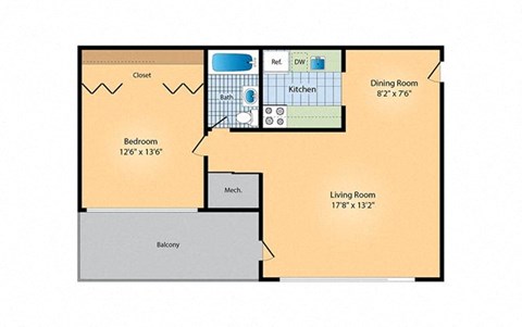 Floor plan for 1 bed, 1 bath, 630 sqft