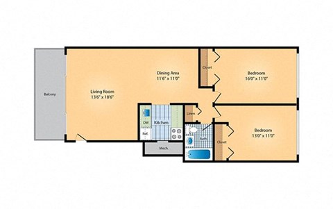 Floor plan for 2 beds, 1 bath, 860 sqft