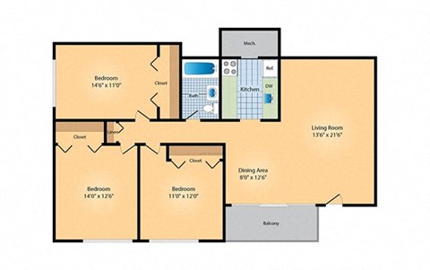 Floor plan for 3 beds, 1 bath, 1100 sqft