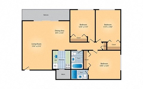 Floor plan for 3 beds, 2 baths, 1100 sqft
