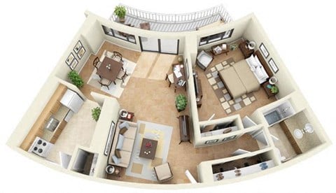 Floor plan for 1 bed, 1 bath, 740 sqft