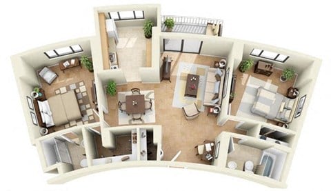 Floor plan for 2 beds, 2 baths, 1046 sqft