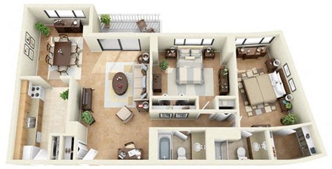 Floor plan for 2 beds, 2 baths, 1075 sqft