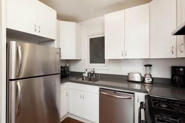 San Francisco apartment for rent - A modern kitchen with white cabinets and stainless steel appliances.
