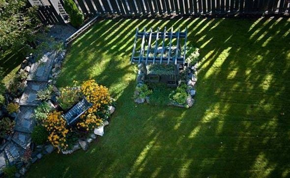 Victoria apartment for rent - A blue bench is surrounded by green grass and yellow flowers.