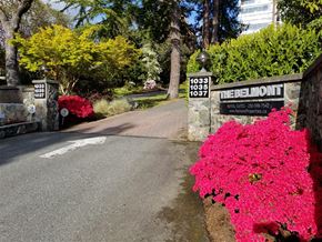 Victoria apartment for rent - A street sign for Thelmont is on a stone wall.