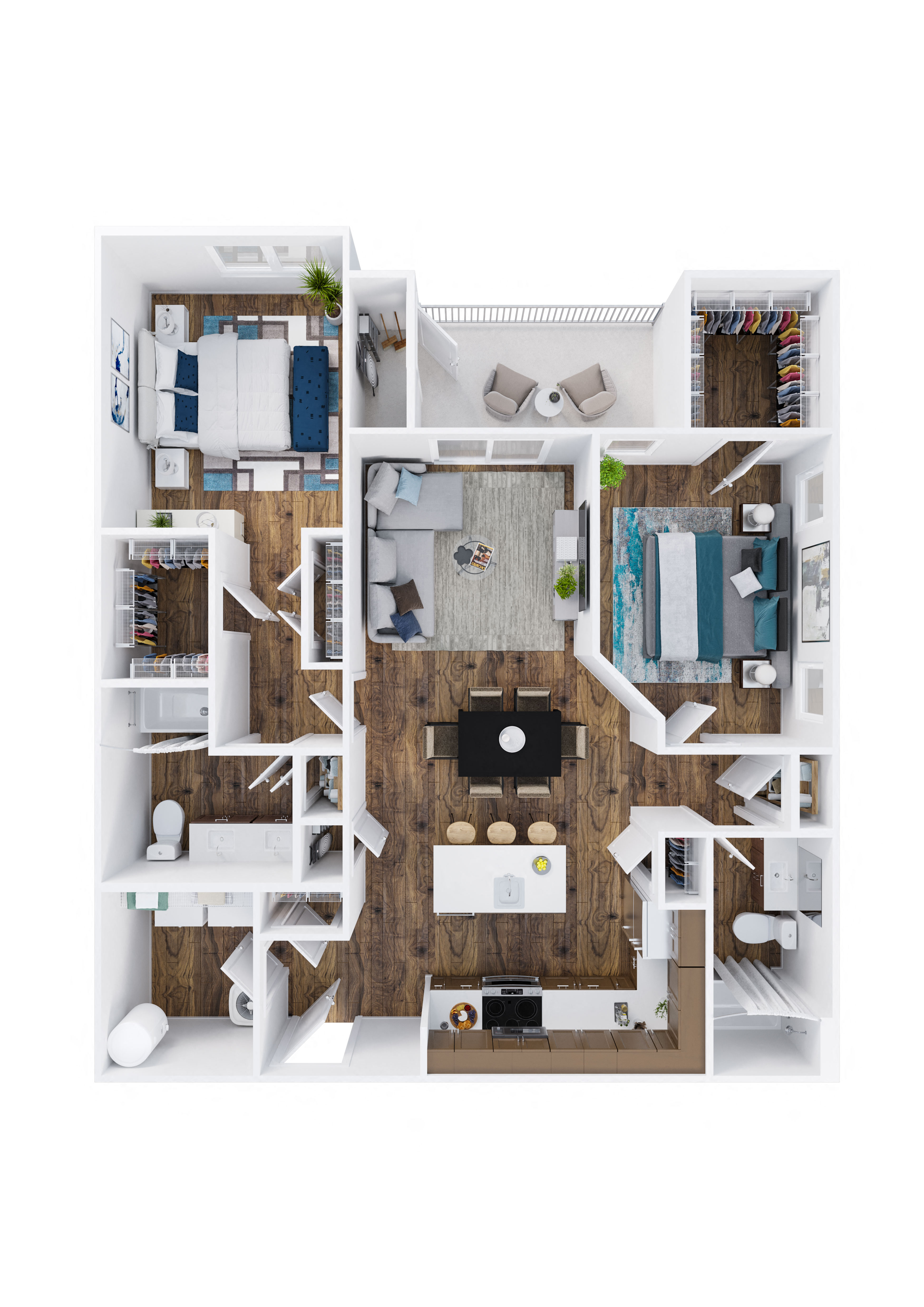 Floor plan for 2 beds, 2 baths, 1232 sqft