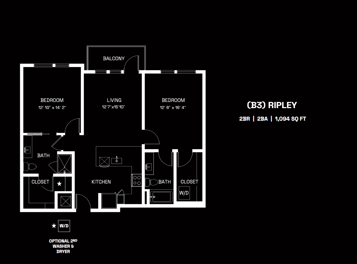 Floor plan for 2 beds, 2 baths, 1094 sqft