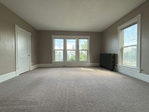 Duluth apartment for rent - A room with a carpeted floor, a window with a view of trees, and a radiator.