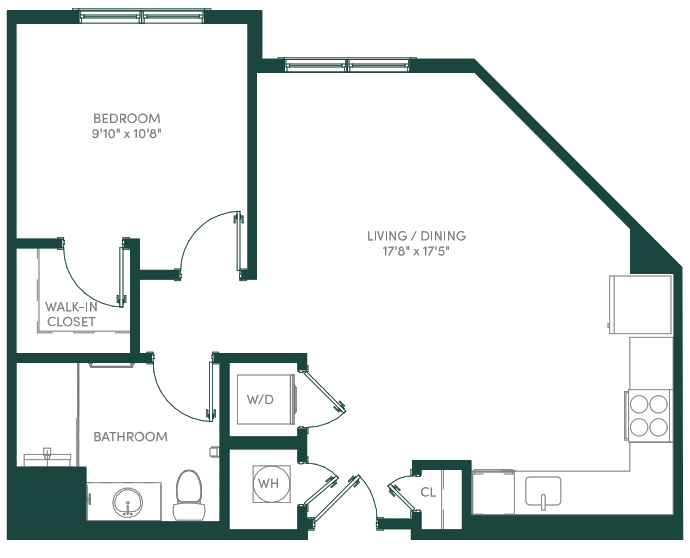 Floor plan for 1 bed, 1 bath, 705 sqft