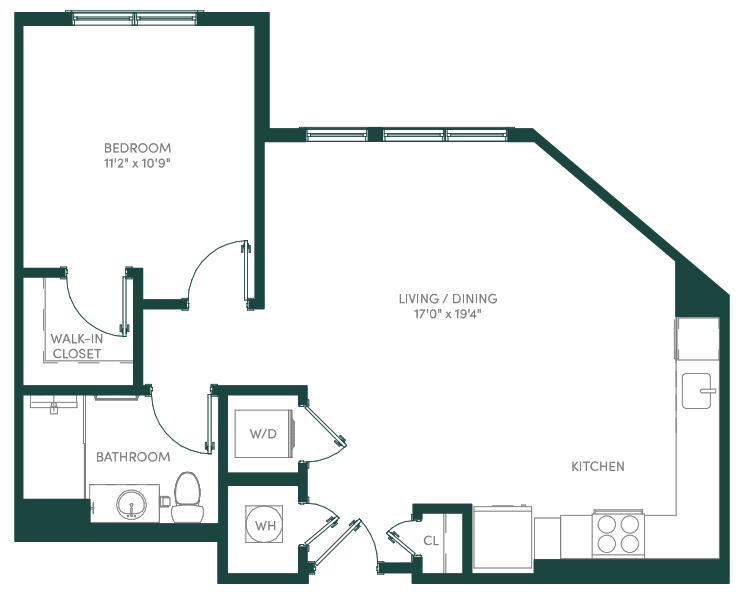 Floor plan for 1 bed, 1 bath, 736 sqft