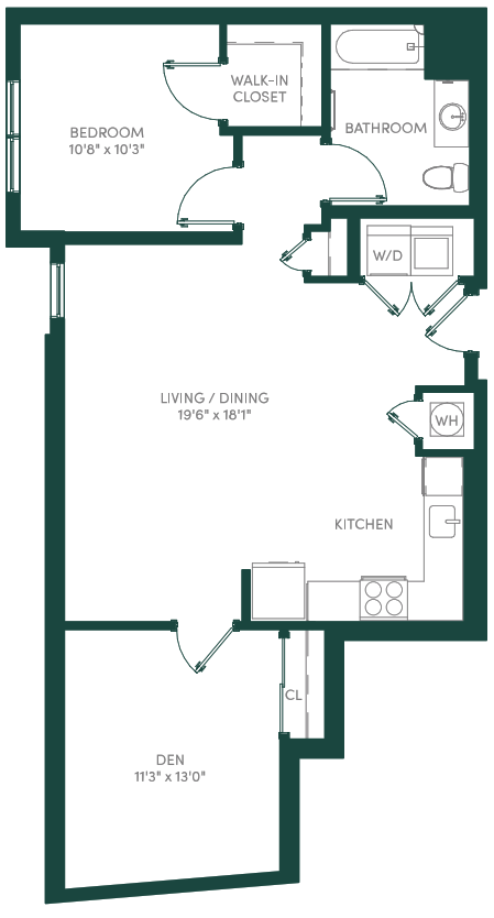 Floor plan for 1 bed, 1 bath, 938 sqft