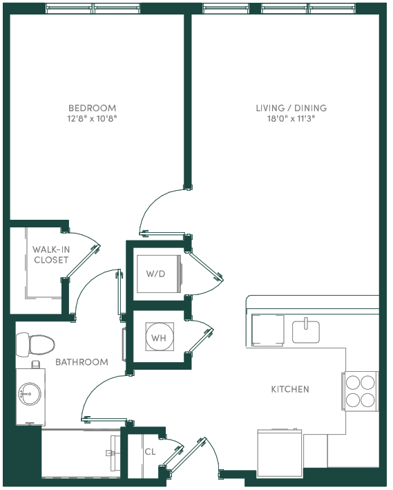 Floor plan for 1 bed, 1 bath, 717 sqft