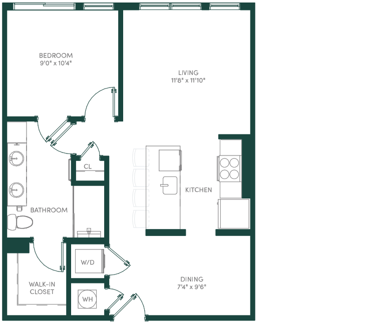 Floor plan for 1 bed, 1 bath, 720 sqft