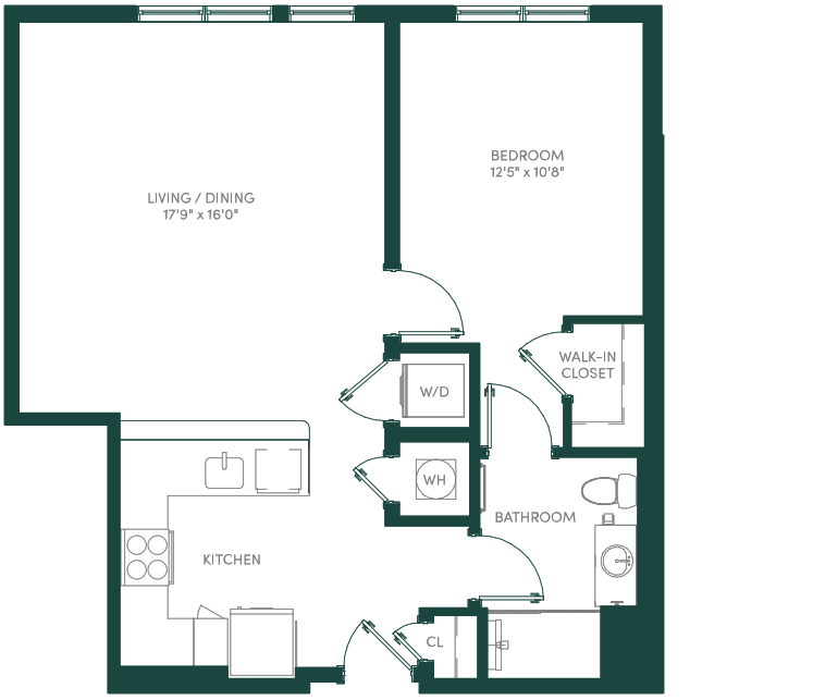Floor plan for 1 bed, 1 bath, 800 sqft
