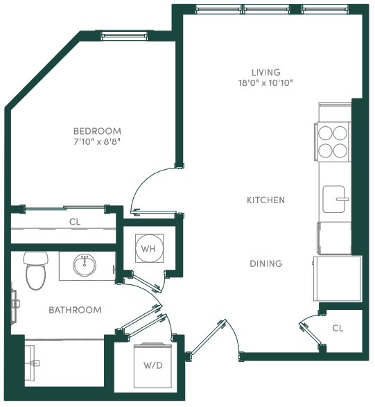 Floor plan for 1 bed, 1 bath, 502 sqft