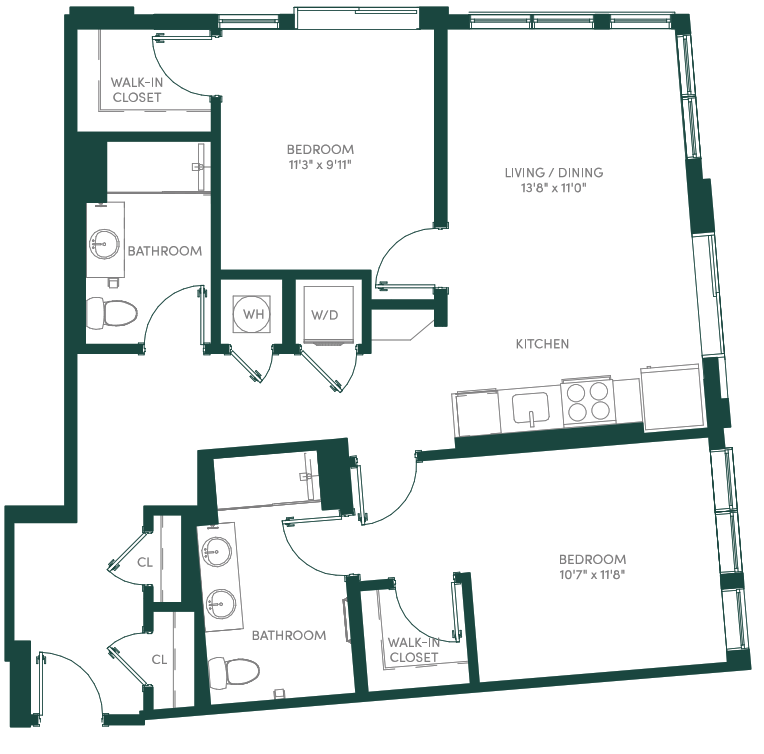 Floor plan for 2 beds, 2 baths, 1027 sqft