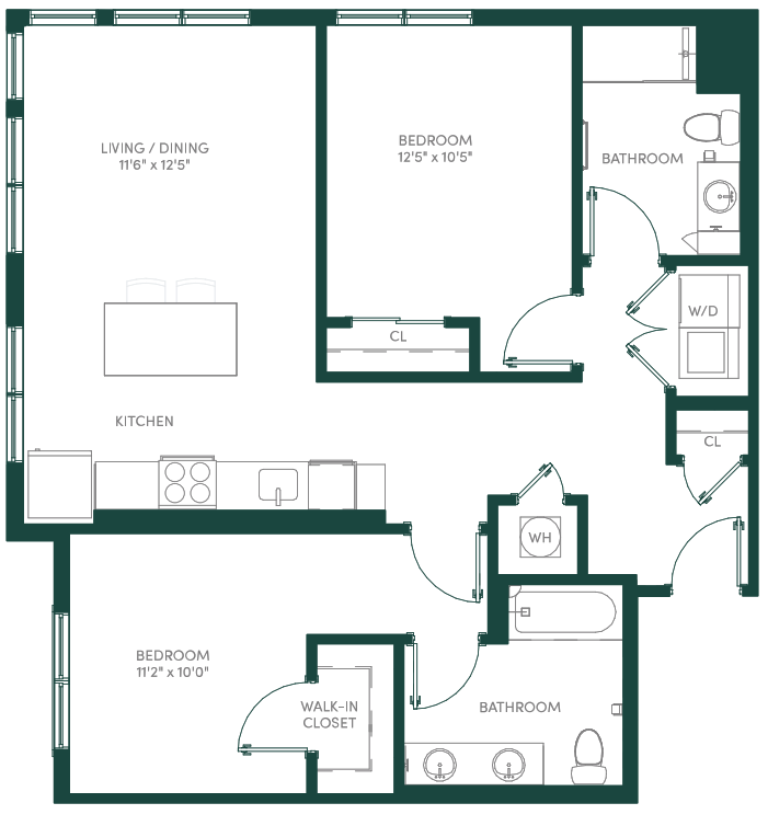 Floor plan for 2 beds, 2 baths, 1044 sqft