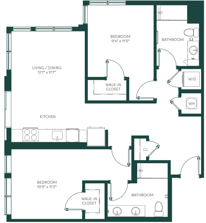 Floor plan for 2 beds, 2 baths, 1032 sqft