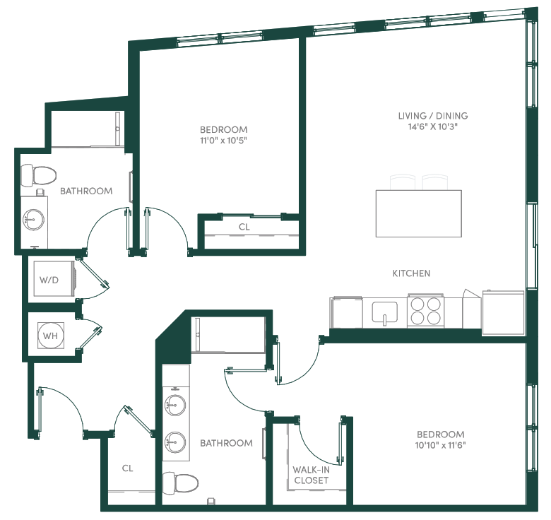 Floor plan for 2 beds, 2 baths, 1091 sqft