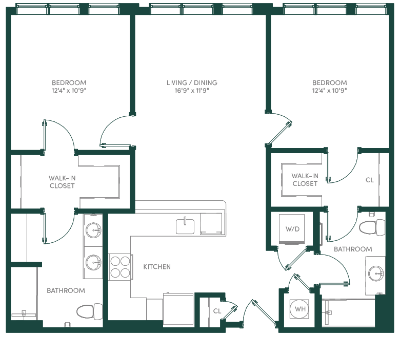 Floor plan for 2 beds, 2 baths, 1077 sqft