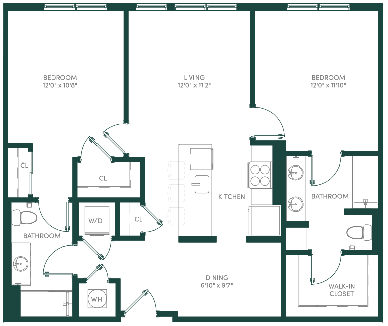 Floor plan for 2 beds, 2 baths, 1077 sqft