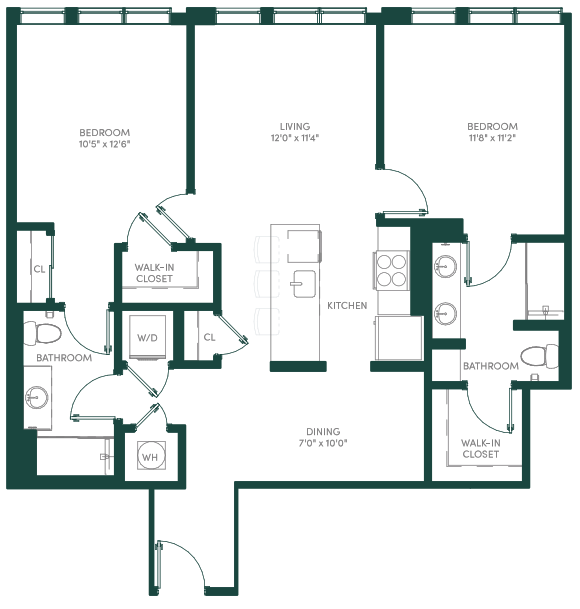 Floor plan for 2 beds, 2 baths, 1099 sqft