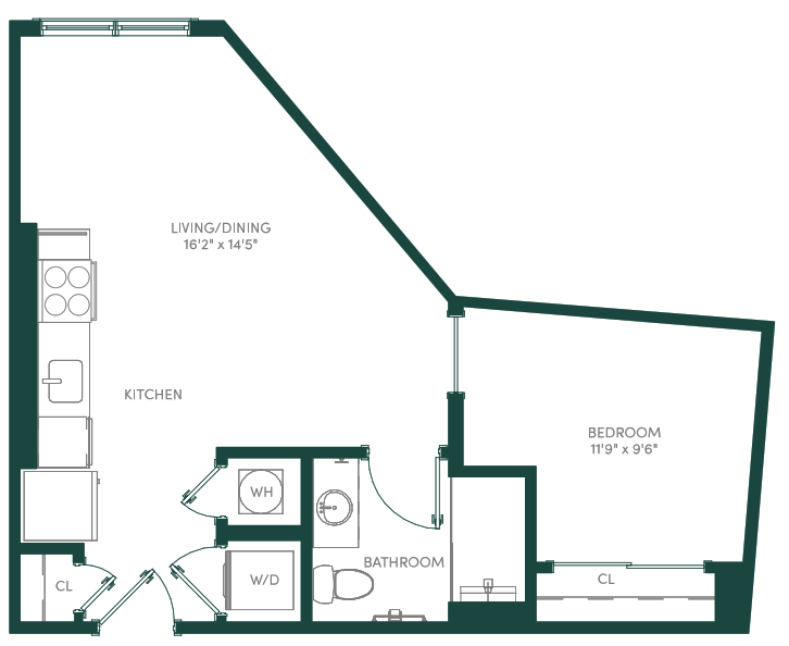 Floor plan for studio, 1 bath, 536 sqft