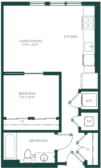Floor plan for studio, 1 bath, 537 sqft