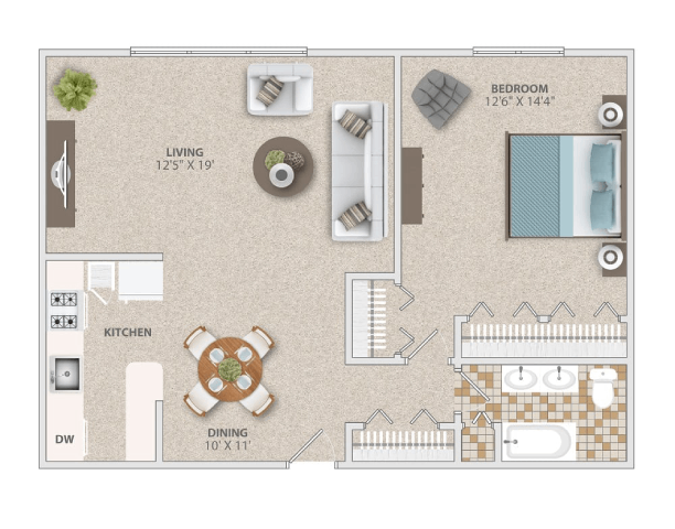 Floor plan for 1 bed, 1 bath, 770 sqft