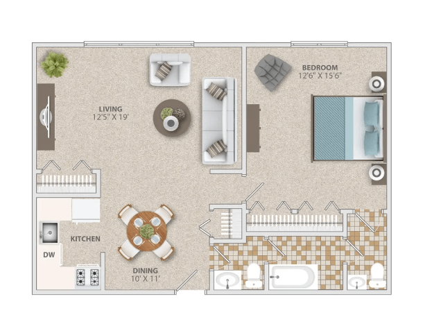 Floor plan for 1 bed, 1.5 baths, 770 sqft