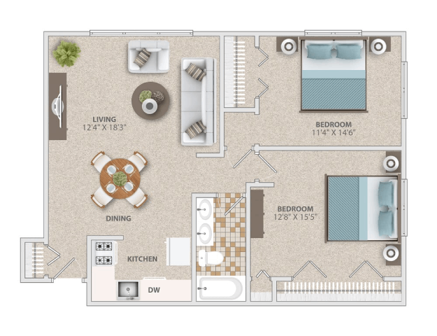 Floor plan for 2 beds, 1 bath, 1008 sqft