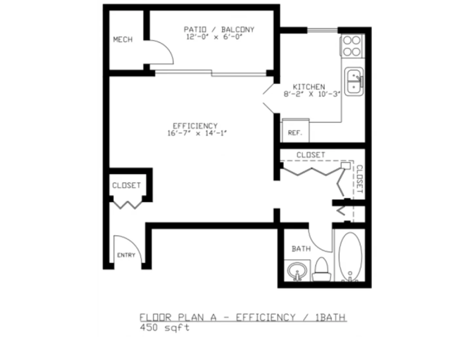 Floor plan for studio, 1 bath, 450 sqft