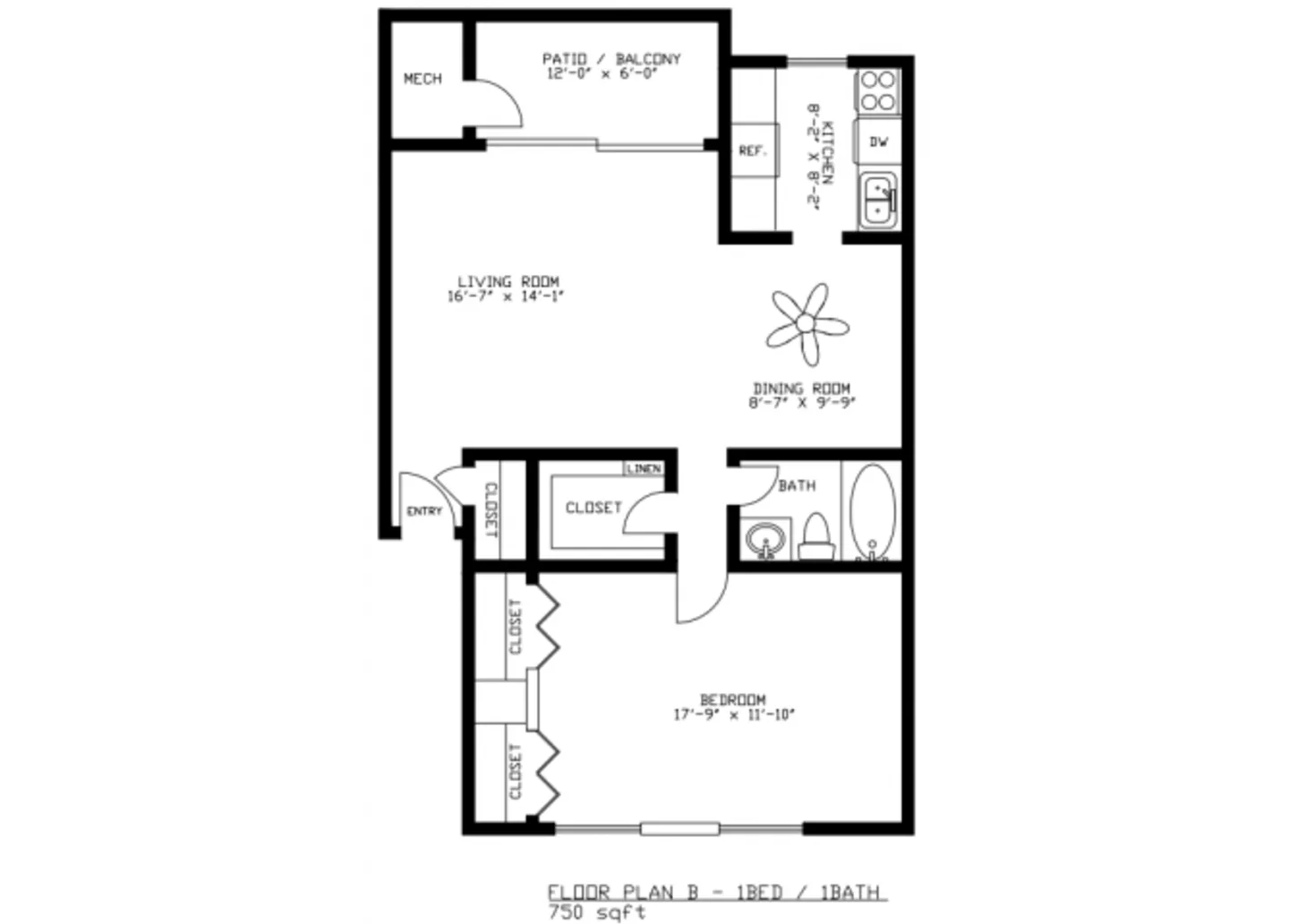 Floor plan for 1 bed, 1 bath, 750 sqft