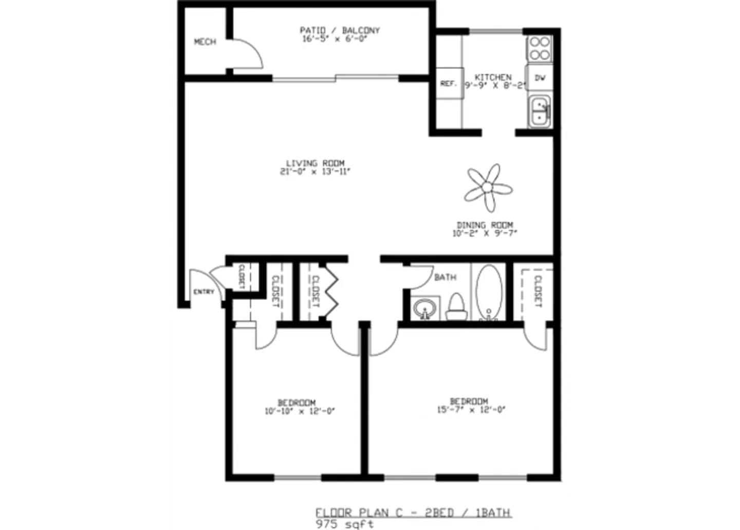 Floor plan for 2 beds, 1 bath, 975 sqft