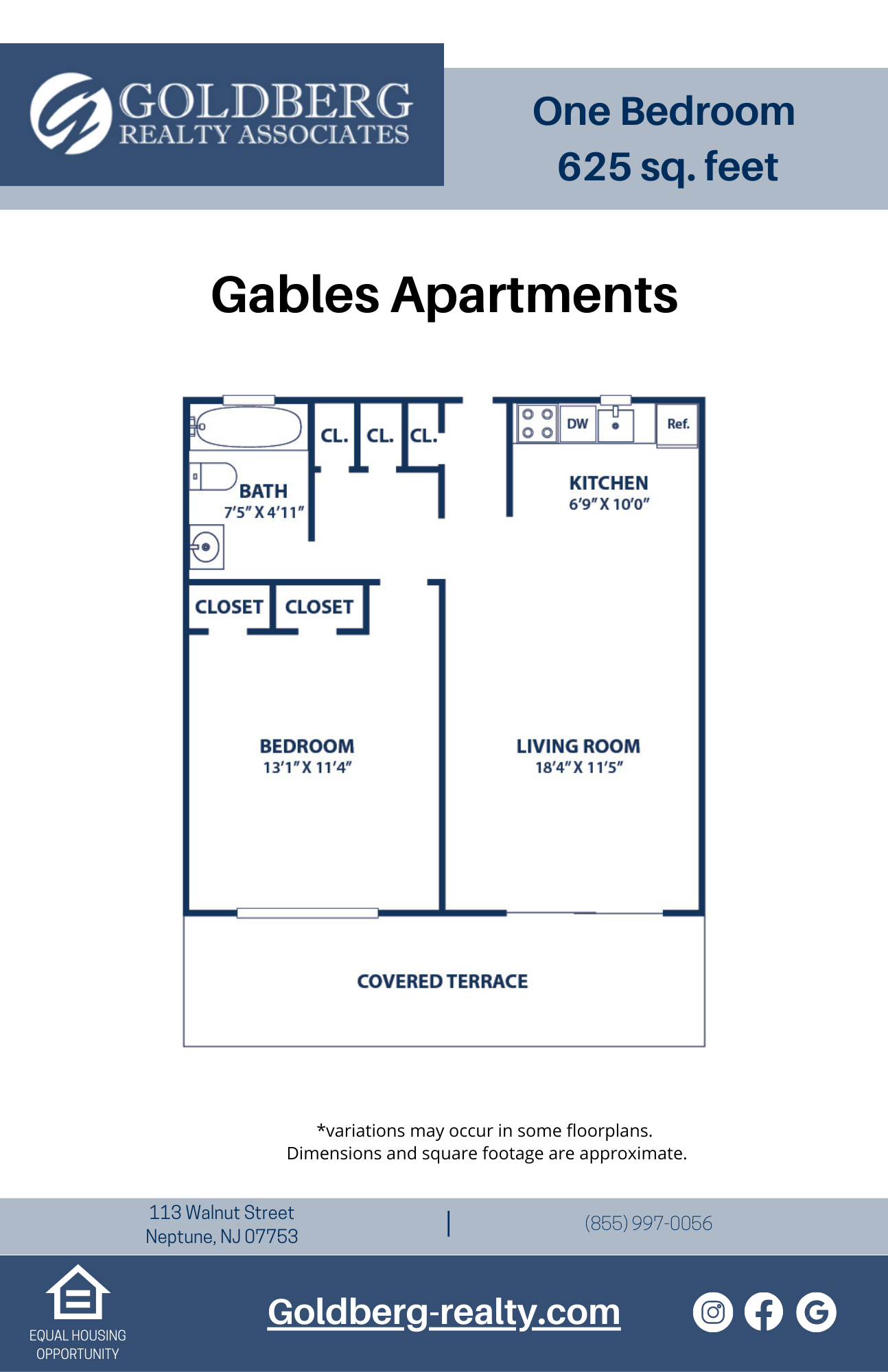 Floor plan for 1 bed, 1 bath, 625 sqft