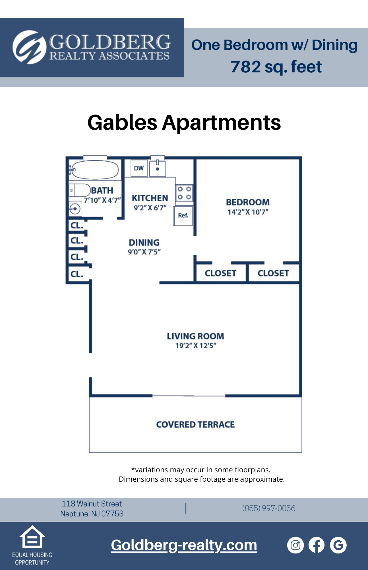 Floor plan for 1 bed, 1 bath, 782 sqft