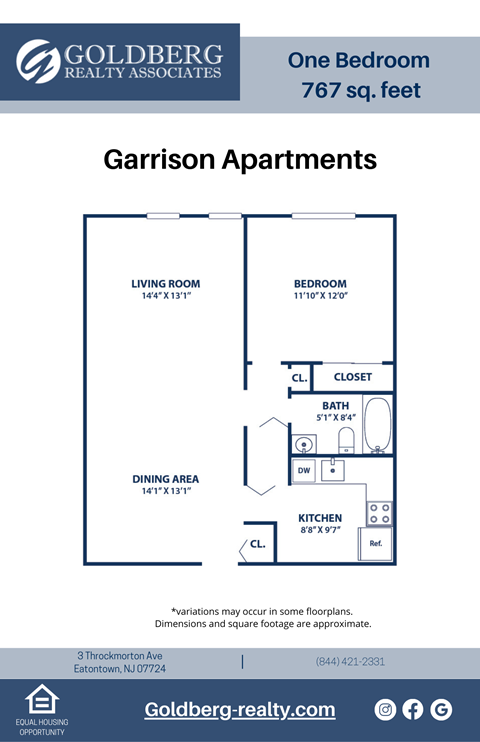 Floor plan for 1 bed, 1 bath, 767 sqft