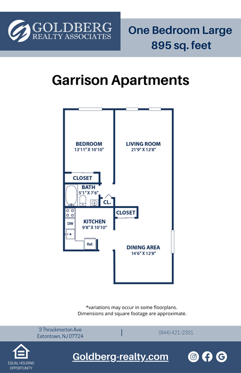 Floor plan for 1 bed, 1 bath, 895 sqft