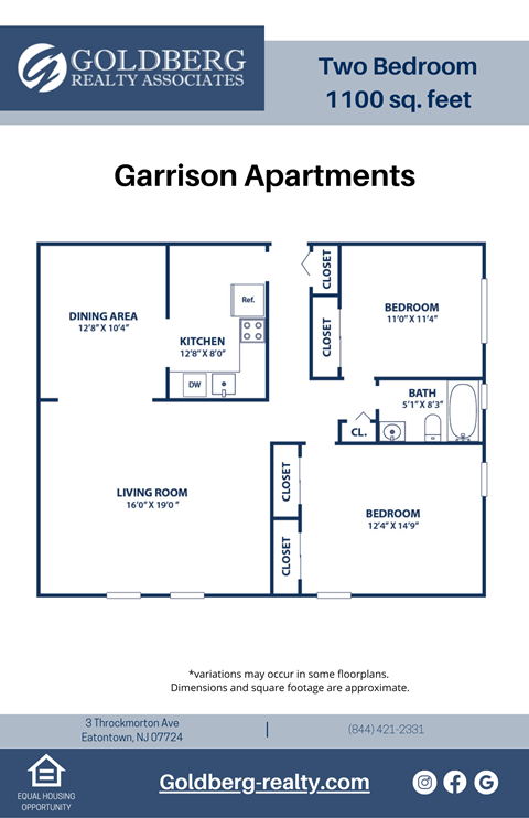 Floor plan for 2 beds, 1 bath, 1100 sqft
