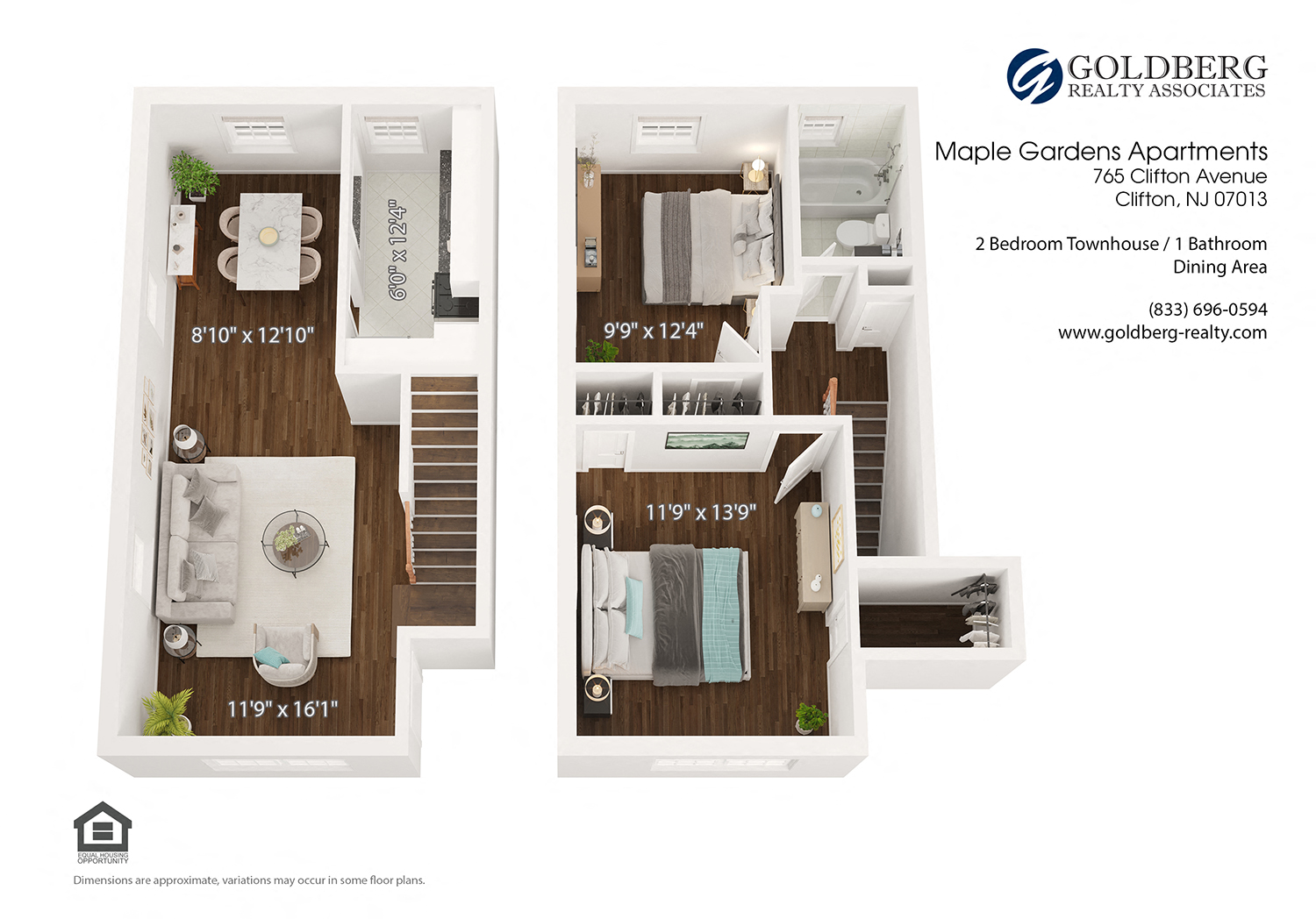 Floor plan for 2 beds, 1 bath, 965 sqft