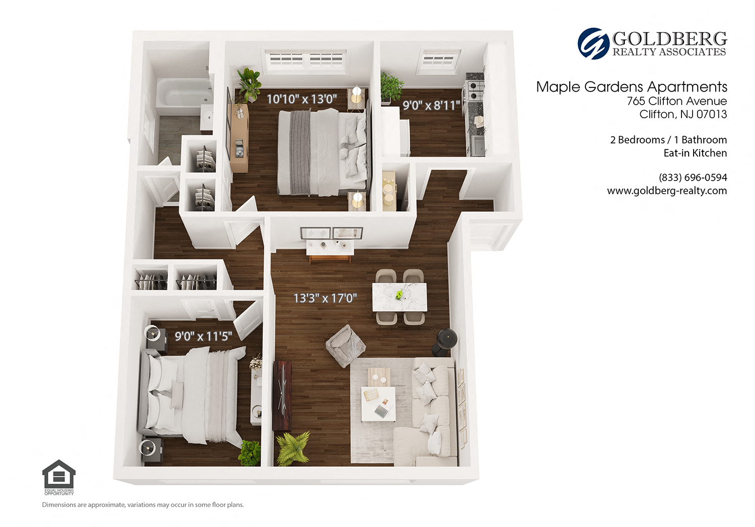 Floor plan for 2 beds, 1 bath, 790 sqft
