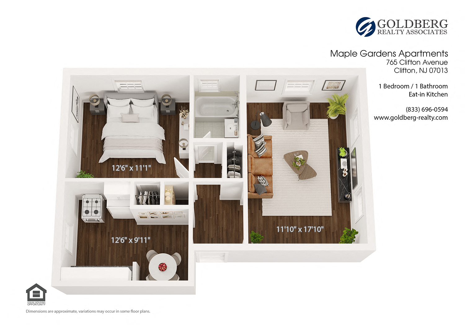 Floor plan for 1 bed, 1 bath, 645 sqft