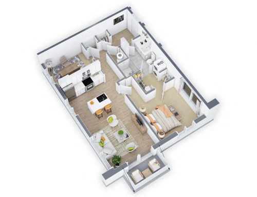 Floor plan for 1 bed, 1 bath, 887 sqft