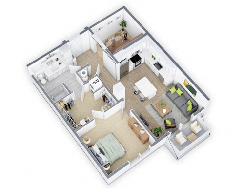 Floor plan for 1 bed, 1 bath, 882 sqft