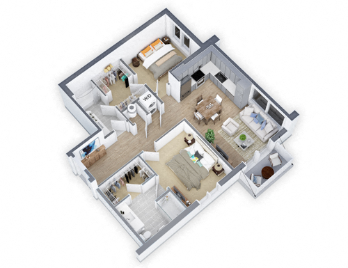 Floor plan for 2 beds, 2 baths, 1035 sqft