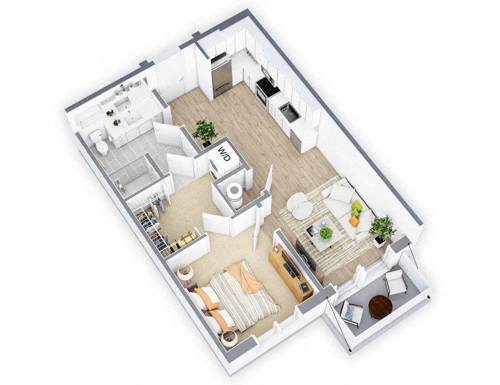 Floor plan for 1 bed, 1 bath, 638 sqft