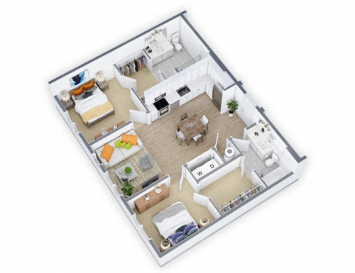 Floor plan for 2 beds, 2 baths, 990 sqft