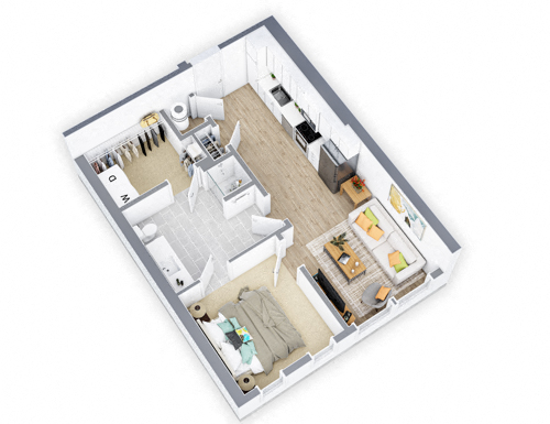 Floor plan for 1 bed, 1 bath, 638 sqft