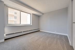 Edmonton apartment for rent - an empty bedroom with a large window and carpeted flooring
